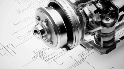 High-Resolution Image of Precision Mechanical Component with Technical Drawings in the Background Illustrating Engineering Design Concepts and Industrial Applications