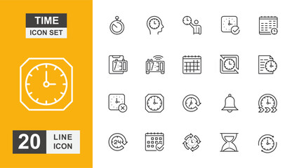 Times icon set. Clock, watch, phone, timer, alarm, calendar and more line icon.