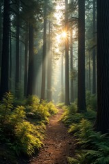 Obraz premium Scenic forest path illuminated by golden sunlight filtering through tall trees, creating a peaceful and mystical atmosphere