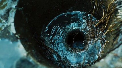 Water Swirling in Dark Drainage Hole with Twigs and Debris