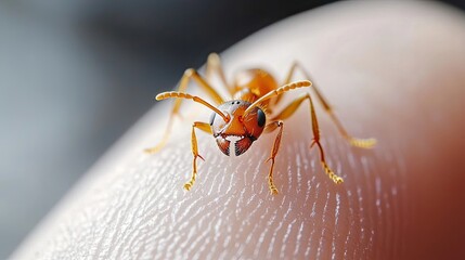 Close-up of an ant perched on a human fingertip, showcasing intricate details and textures