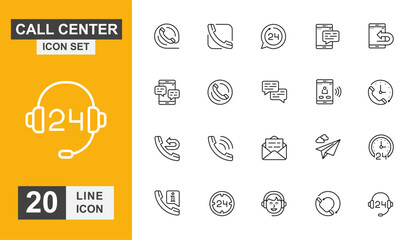 Call center icon set. Support, connection, assistance, service, message, telephone and more line icon.