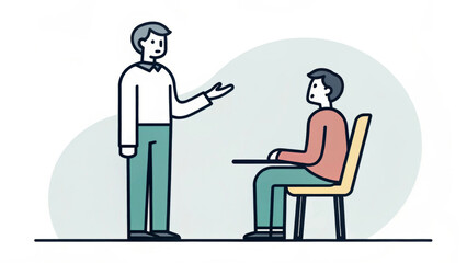 A standing person appears to be explaining something to a seated individual. The illustration uses simple lines and muted colors for a minimalist look.AI