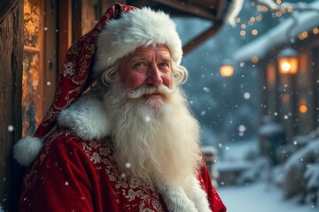 Traditional Santa Claus in a festive red coat with gold embroidery, standing in a snowy village...