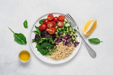 Quinoa salad with tomatoes, lettuce leaves, cucumber, onion in plate on white background with copy space