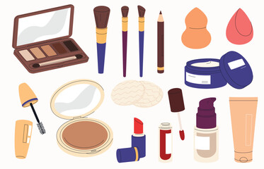 Cosmetic items. Contents of a women cosmetic bag. Face care. Items for emphasizing the beauty of a woman. Vector illustration