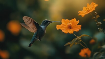 Fototapeta premium Hummingbird and Cosmos Flowers in the Golden Hour