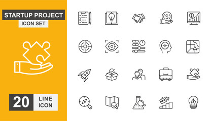 Startup project icon set. Development, strategy, success, teamwork, business, goal, idea and more line icon.