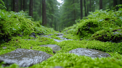 Obraz premium Mossy stone path in rain forest. Background lush green trees. Use nature background