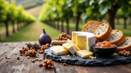 Delicious cheese selection with bread and fruit on a rustic wooden table set against a beautiful vineyard backdrop.