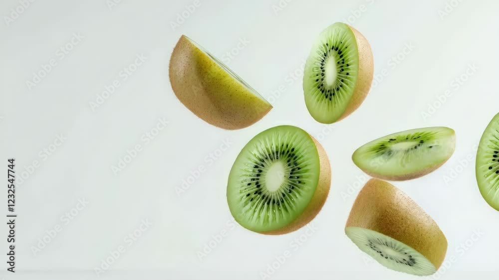 Aufkleber Several slices and halves of kiwi fruit are levitating against a minimalist white background, creating a dynamic and visually appealing composition that emphasizes freshness and vibrancy