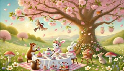 Fototapeta premium Delightful Tea Party Under a Blooming Cherry Blossom Tree with Charming Animals in a Gentle Pastel Fantasy Setting