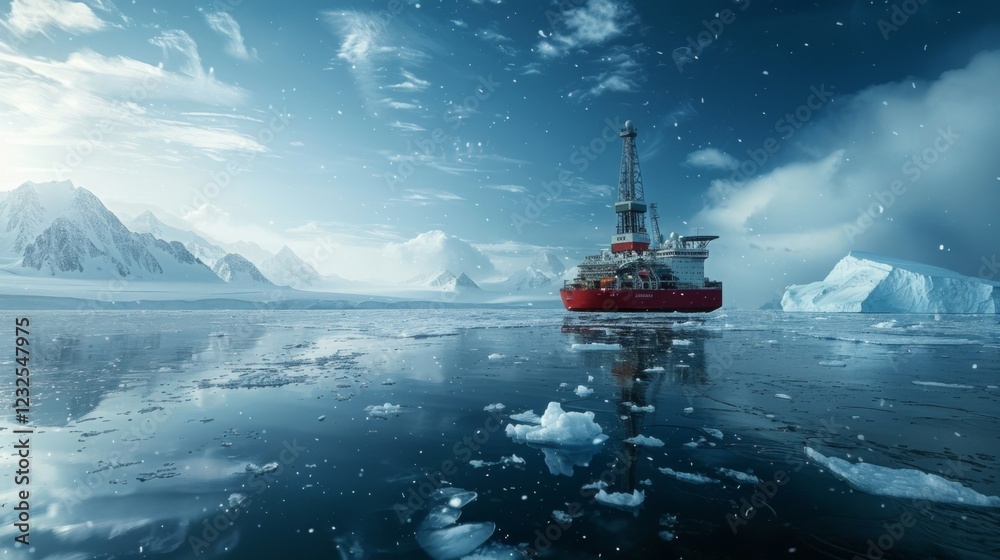 Poster a research vessel is moving through pristine icy waters surrounded by towering mountains and floatin