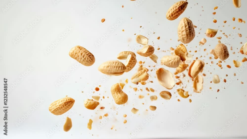 Poster Peanuts and their shells bursting and floating against a clean white background, creating an energetic and mouthwatering visual that highlights the snack's natural appeal and nutritious benefits