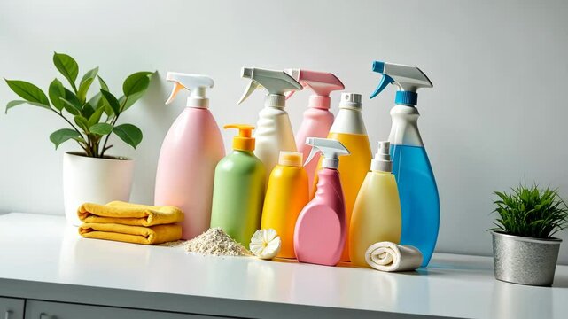 A row of cleaning supplies, including a yellow bottle of Windex. There are also a few other bottles of Windex and a bottle of Windex spray