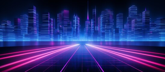 Obraz premium Futuristic city skyline at night with neon lights and glowing roads, creating a vibrant atmosphere