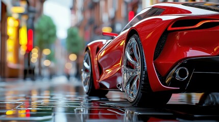 Rainy Night High End Luxury Sports Car Drive on City Street Under Black Light