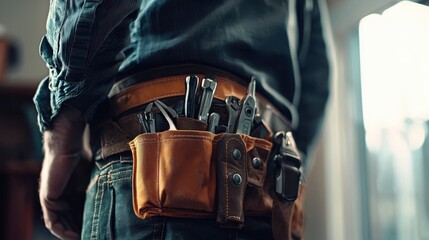 Man Wearing Tool Belt with Various Instruments in a Workshop Setting