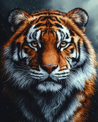 Fototapeta premium Closeup Adult Tiger Face with Vibrant Orange Fur EyeCatching Wildlife Portrait Stock Photo