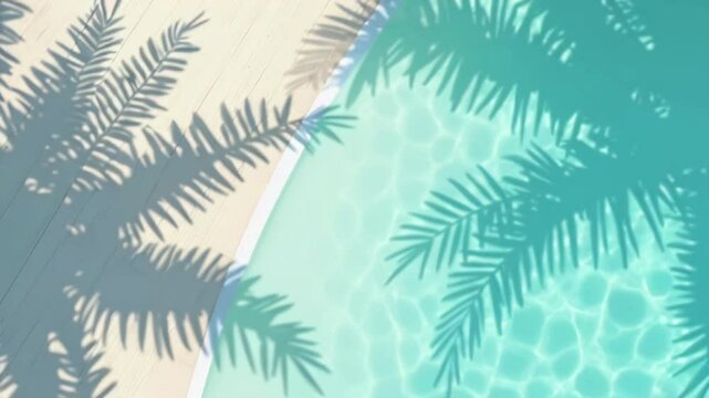 Calm water surface with palm leaves shadows, tropical leaves shadow on clear water surface of swimming pool, beautiful abstract background conceptual banner for summer holiday.