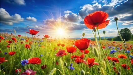 Fototapeta premium Sunny field with vibrant red poppies swaying gently in the breeze amidst lush green grass and wildflowers, surrounded by a blue sky on a warm summer day , Sunshine, Floral Field