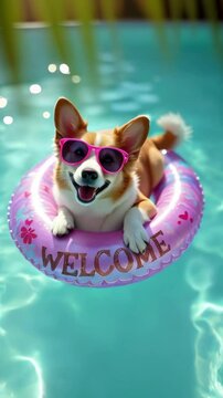  A Corgi dog swims on an inflatable ring with the "Welcome" lettering, summer party by pool, animated summer holiday advertising banner