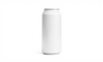 blank white aluminum can standing upright on white background, ideal for product mockups and branding. Perfect for showcasing designs and labels