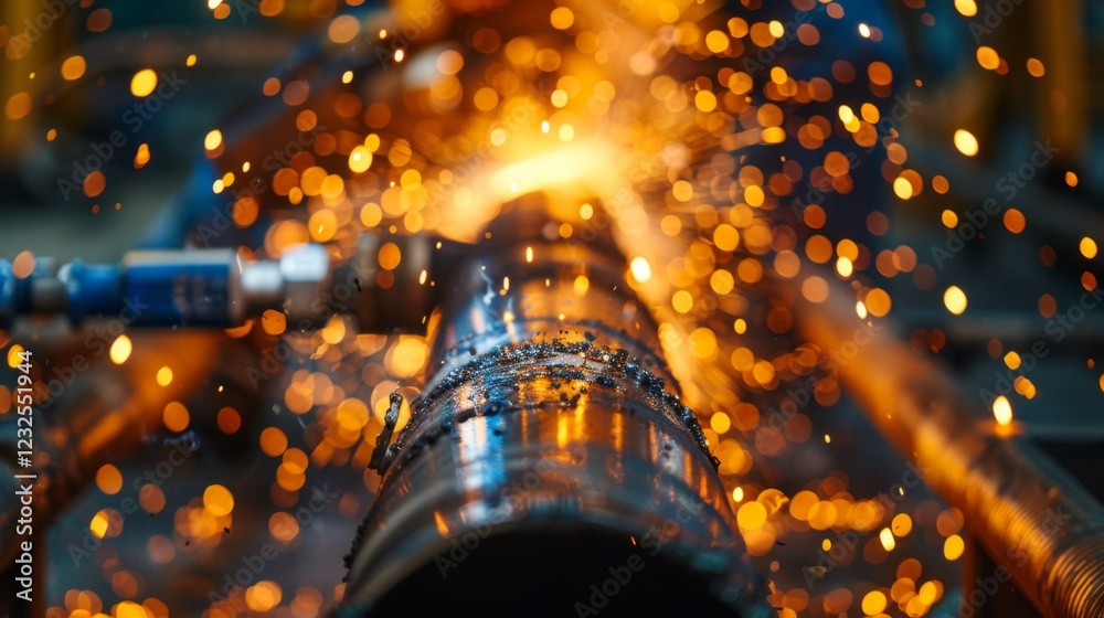 Aufkleber in a workshop, a technician is welding metal pipes, creating a bright display of sparks in the air u