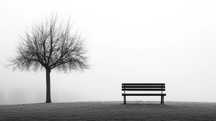 Solitary Bench Under a Bare Tree in a Misty Landscape