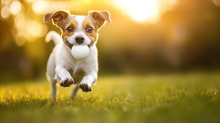 Joyful Jack Russell Terrier Running with Ball at Sunset