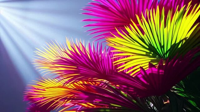 colorful palm leaves with shadows on the emty wall , trendy summer colors botanical tropical leaves, slow moving video wallpaper.