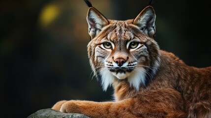 Obraz premium Majestic lynx resting on a rock, intense gaze.