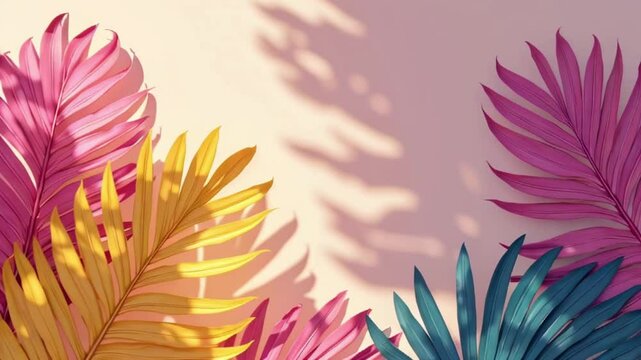 colorful palm leaves with shadows on the emty wall , trendy summer colors botanical tropical leaves, slow moving video wallpaper.