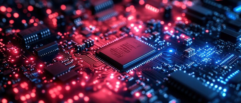 Computer chip illuminated with red and blue lights showcasing advanced technology and intricate design