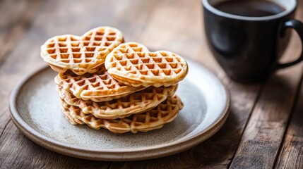 Crispy Heart-Shaped Waffles Stacked on Plate with Coffee Close Up