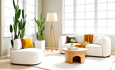 A cozy, modern living room with white walls, large windows, a mustard yellow armchair, a white sofa with pillows, a wooden coffee table, plants, minimalist decor, and sculptural art.