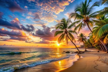 Fototapeta premium Escape to idyllic shores: azure waters, golden sunsets, and sunrises paint a perfect tropical vacation.