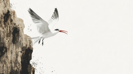 Obraz premium Caspian Tern takes flight from cliff, ocean background; nature illustration
