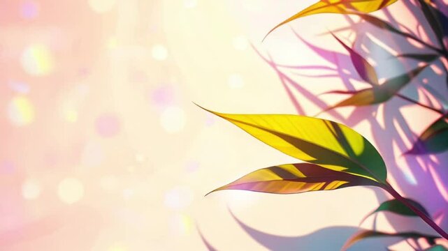 colorful palm leaves with shadows on the emty wall , trendy summer colors botanical tropical leaves, slow moving video wallpaper.