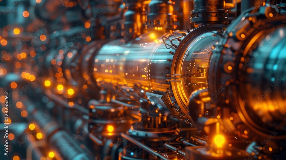 Poster brightly lit pipes and advanced machinery create a vibrant atmosphere in a contemporary industrial s