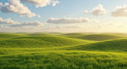 Fototapeta premium Idyllic landscape with rolling green hills and scenic clouds under clear blue sky
