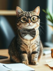 Obraz premium Cat wearing glasses and bow tie sits at a stylish desk with a relaxed expression in a modern office setting. Generative AI