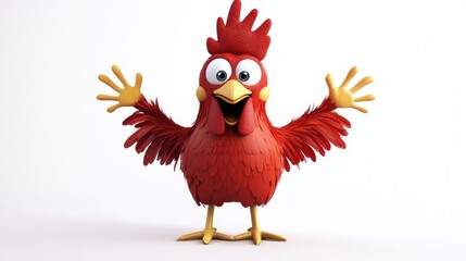 Obraz premium Cheerful cartoon rooster welcoming, white background, greeting