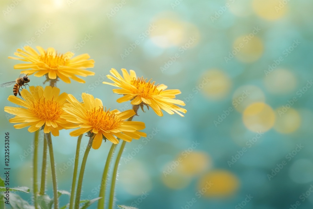 Wall mural Bright yellow flowers in a serene garden setting with a bee collecting nectar on a sunny day