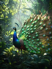 Obraz premium Majestic peacock displaying feathers in lush jungle; nature backdrop, ideal for wildlife documentaries