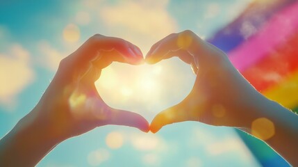 Fototapeta premium Hands Gently Forming Heart Shape Against Vibrant Sunlit Background