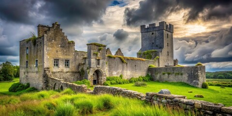 Fototapeta premium Explore the majestic stone walls of Castlebar Castle ruins, a County Mayo historical landmark.