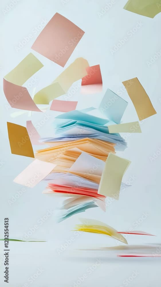 Poster Colorful sticky notes and papers float in mid air, surrounded by a dynamic swirl against a light blue backdrop, embodying organized chaos and playful movement