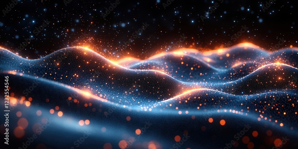 Poster dark background with a flowing wave of light creating an abstract visual effect