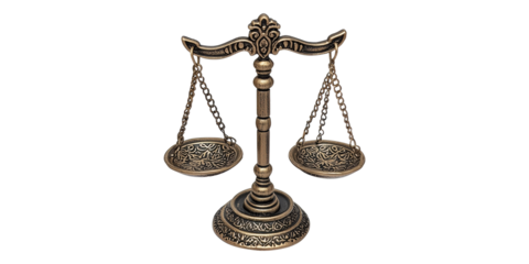 Antique bronze scales of justice isolated on transparent background